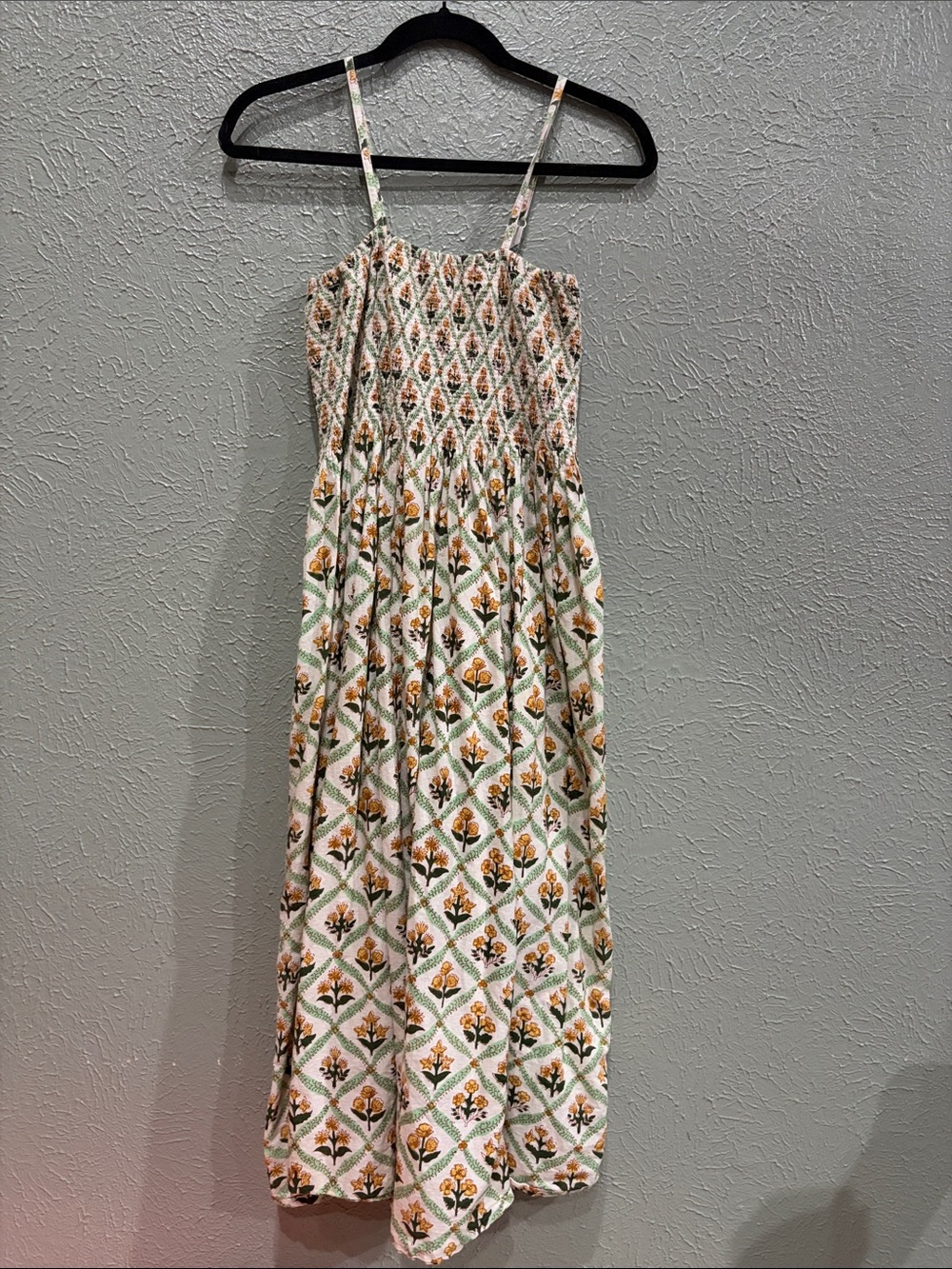 Smocked Floral Midi Sundress in White and Green